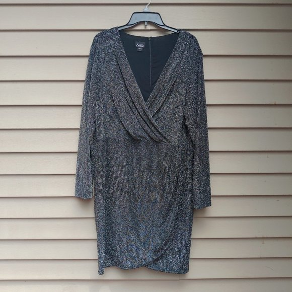 Simply Emma Plus Evening Cocktail Dress Metallic Sparkle Black Silver Wrap - Picture 3 of 12